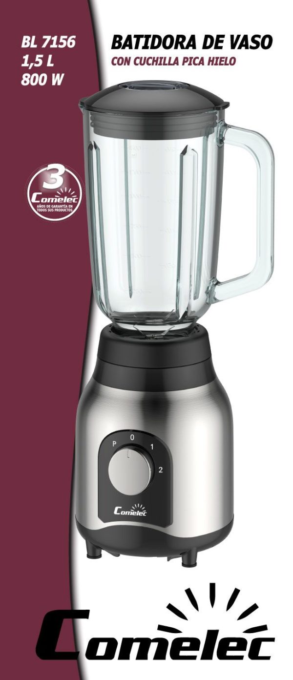 BATIDORA VASO COMELEC BL7156 600W CRIST.1,5 INOX - Imagen 3