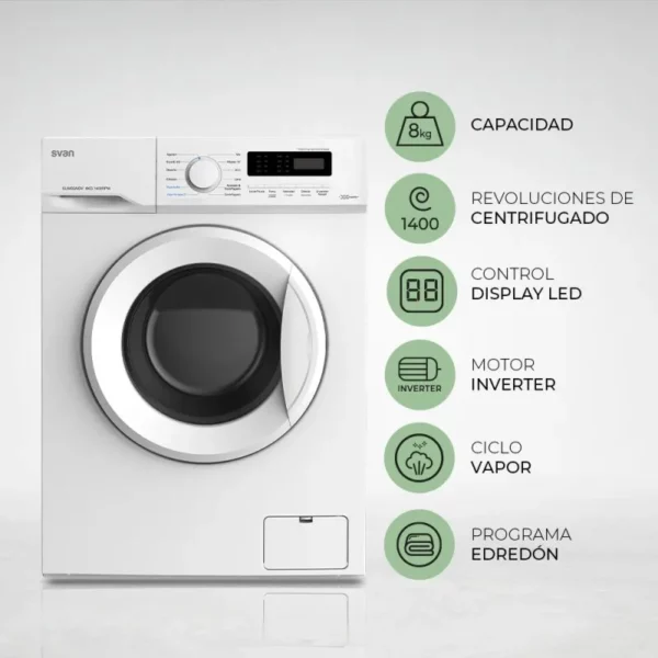 LAVADORA SVAN SL8402AIDV 8KG 1400RPM A C/VAPOR INV. BCA - Imagen 4