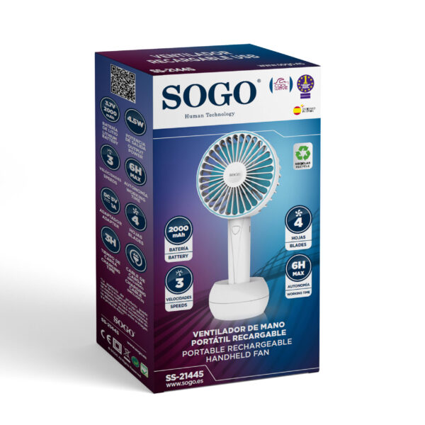 VENTILADOR DE MANO SOGO VEN-SS-21445 PORTATIL RECARGABLE 4W BCO/AZUL - Imagen 3